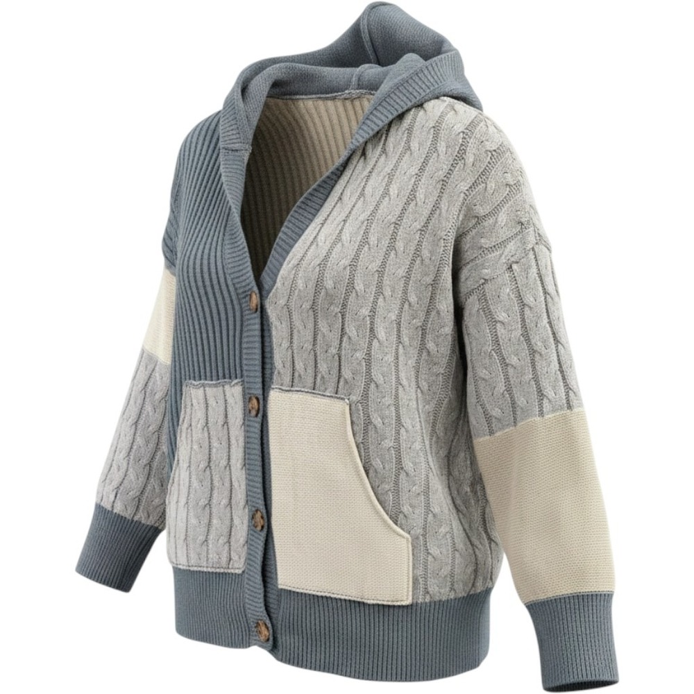 Womens Cardigan Sweater Size 2XL Gray Colorblock Patchwork Cable Knit Hooded